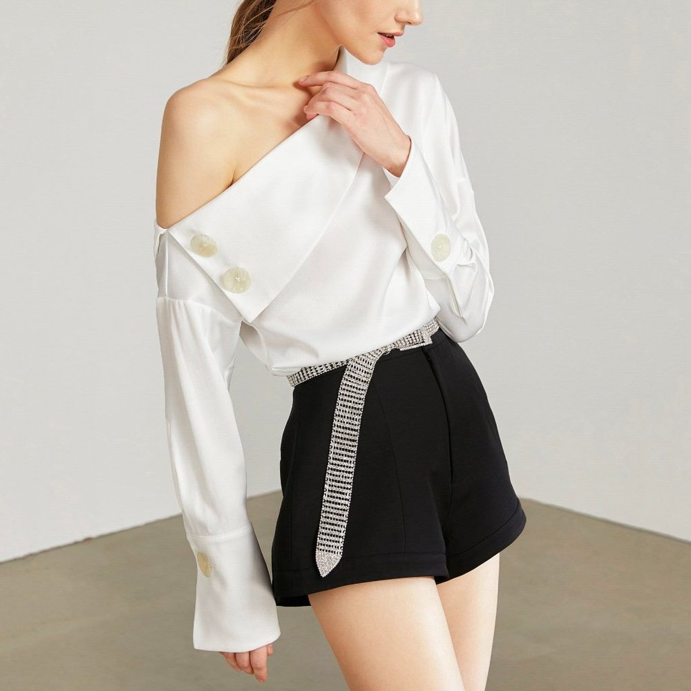 J.ING White Asymmetrical Off Shoulder Blouse Top